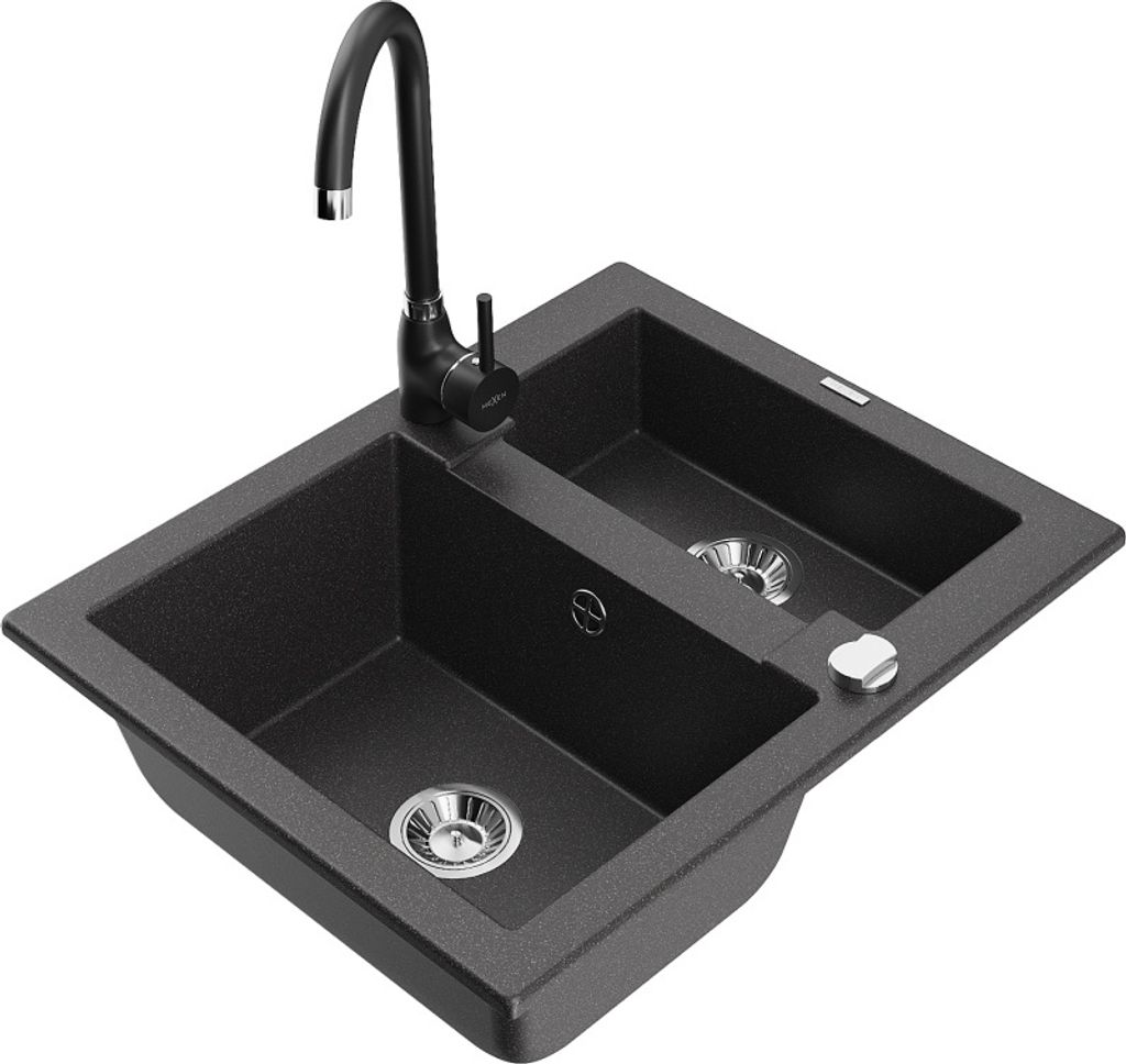 Mexen Carlos 1,5-Becken-Granitspüle mit Mischbatterie Telma, Schwarz gesprenkelt - 6518-76-670200-70