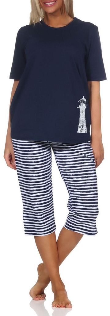 Normann Damen kurzarm Capri Schlafanzug Shorty in maritimer Optik - auch in Übergrößen ; marine1 , 60