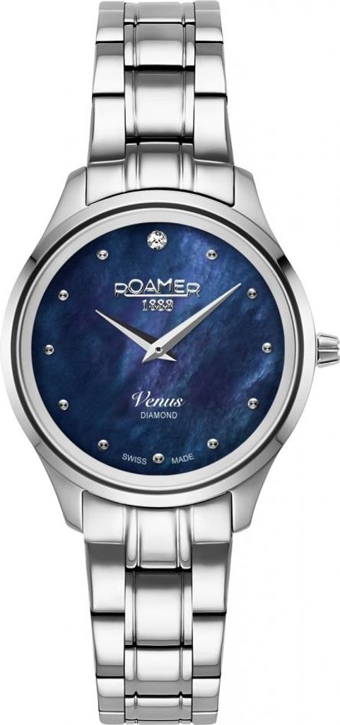 Damenarmbanduhr ROAMER 601857 41 49 20 klassisch in Marineblau mit Diamanten.