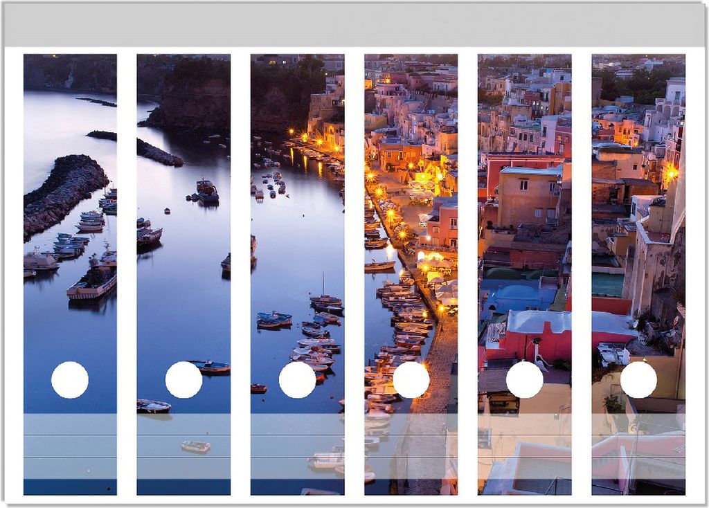 Wallario Ordnerrücken Sticker, selbstklebend für breite Ordner, 6 Stück, Motiv Hafen bei Nacht - Italien hell erleuchtet