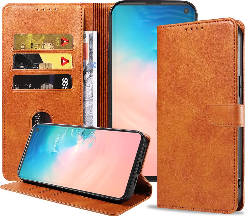 Geschikt voor Samsung Galaxy S10 Plus Telefoonhoesje Kunstleer met Magnetisch lipje en Pasjeshouder Book Case met Klepje - Bruin - Smartphonica
