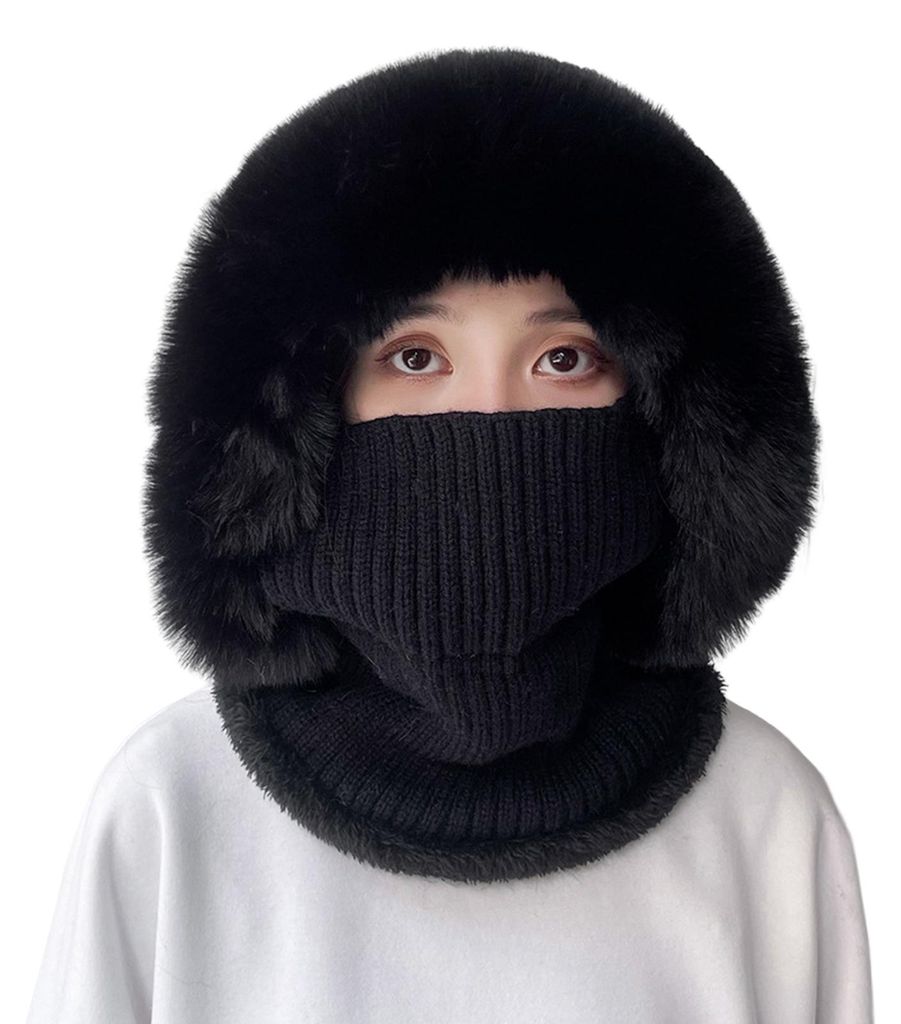Mehrzweck-Strickmütze mit Bommel und Plüschohrenschutz, einfarbig, für Herbst und Winter, Damen, Gesichtsmaske, Halswärmer, Mütze zum Skifahren