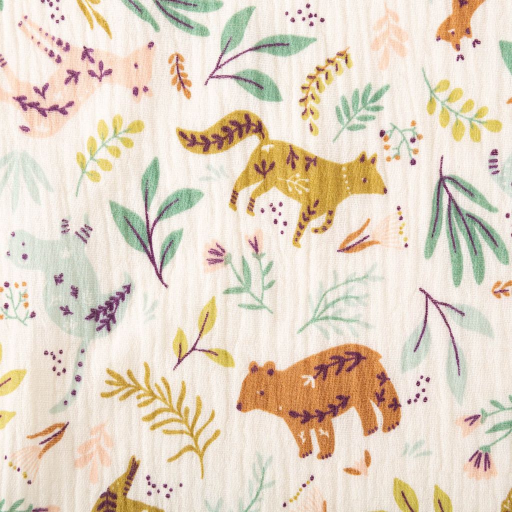 Musselin Stoff Double Gauze Tiere Reh Bär Blätter ecru grün 1,3m Br