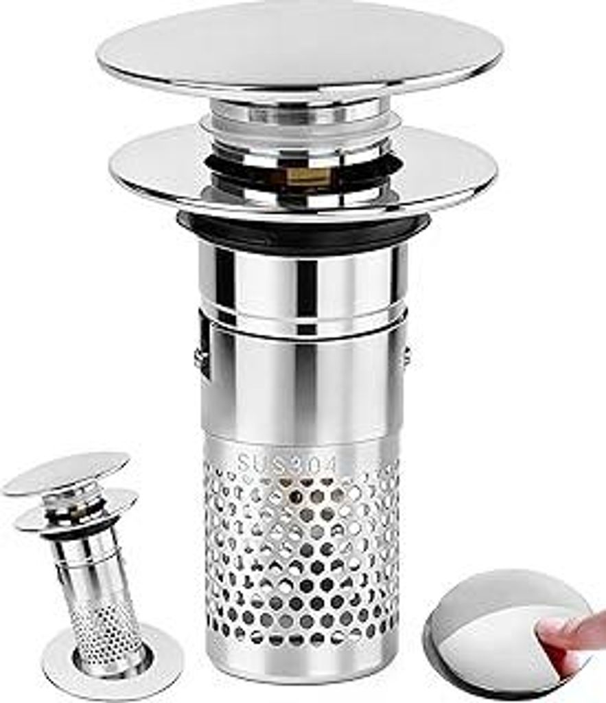 3-in-1 Pop Up Abflusssieb, 304 Edelstahl Waschbeckenstöpsel mit Sieb Dichtungen, Upgraded Universal Bathroom Metal Drain Plug, Abflussstopfen für...