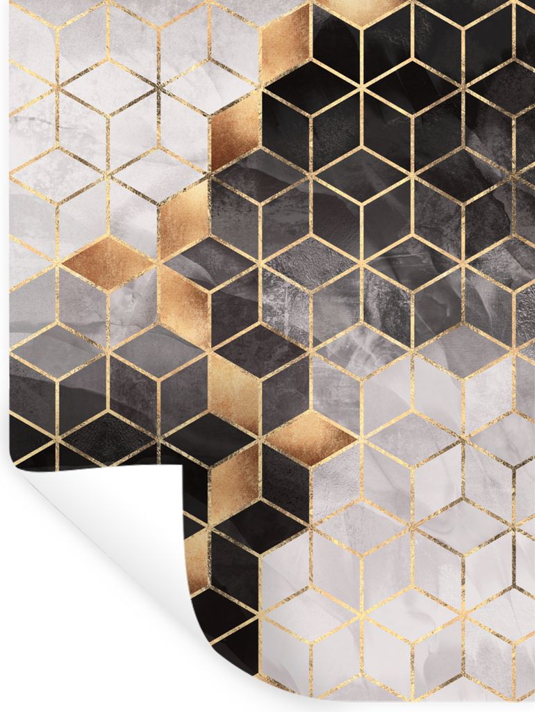 MuchoWow Wandtattoo Wandsticker Wandaufkleber Abstrakt - Würfel - Gold - Muster - Schwarz - Weiß 90x120 cm Selbstklebend und Repositionierbar -...