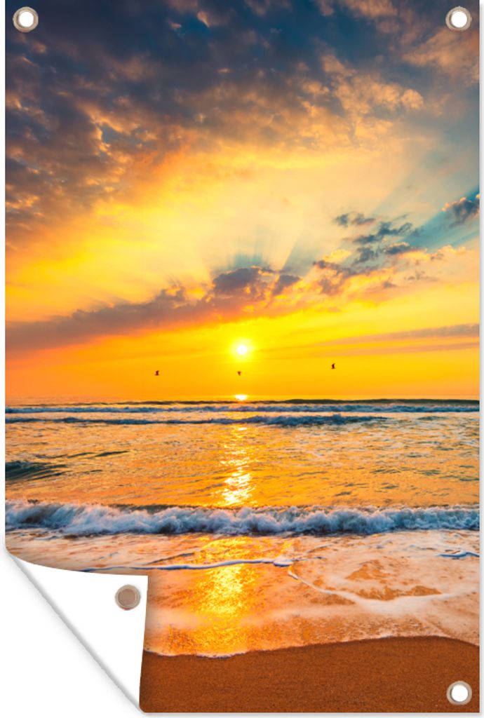 MuchoWow 60x90 cm Outdoor-Poster Gartendeko Sichtschutz Garten Poster für den Garten Sonnenuntergang - Strand - Meer - Wolken - Orange