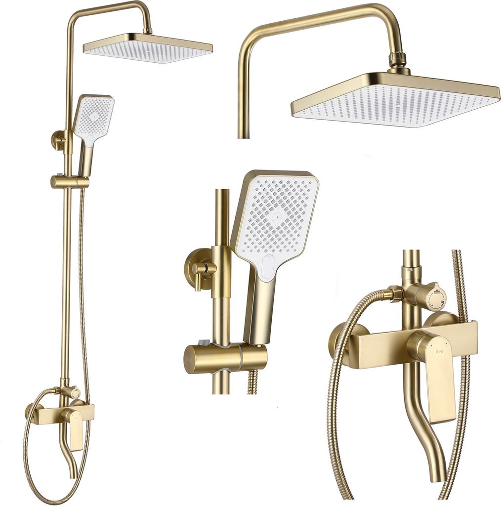 A collection of gold-colored shower fixtures, including a rain shower head, a handheld shower head, and a faucet.