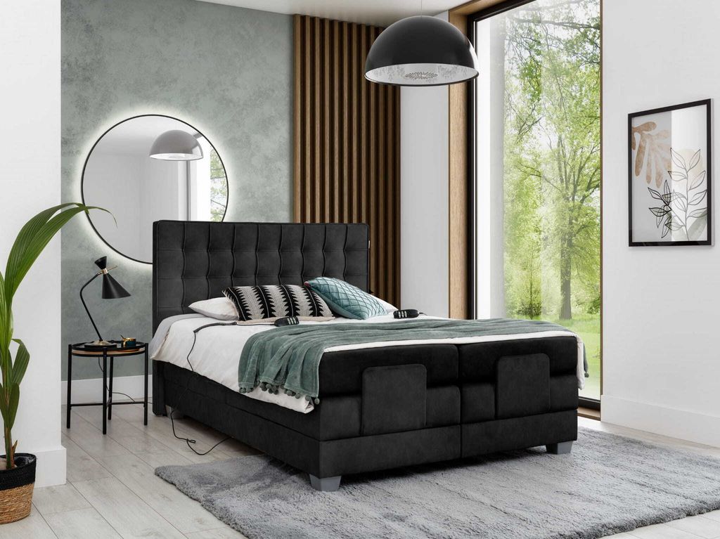 Bett Elektrisches Boxspringbett MARY mit Pocket-Matratze , Bonell-Matratze und Topper - H3 - Dopppelbett ( 140x200 cm , Schwarz - Terra 99 )