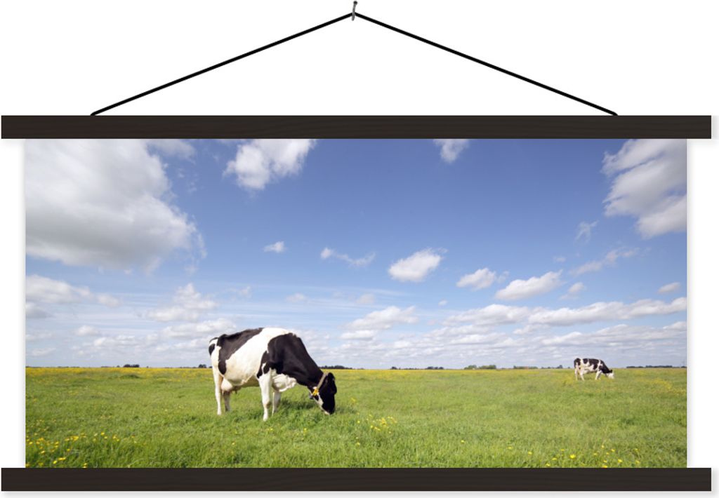 MuchoWow Textilposter Kuh - Gras - Niederlande - Tiere 90x45 cm mit schwarzem Rahmen - Klemmleisten