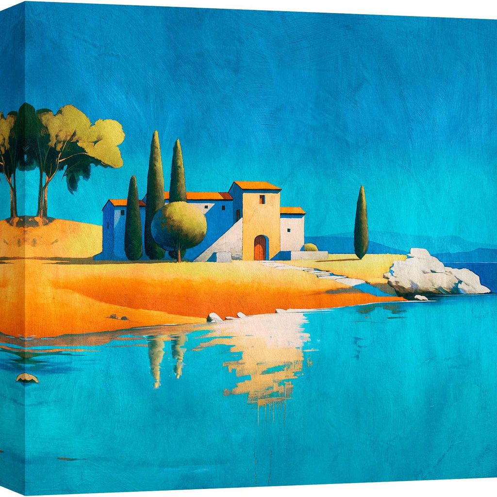 Zeitgenössisches Landschaftsbild – Leinwanddruck – Stefano Renaldi – Landhaus am Meer – 40 x 40 cm