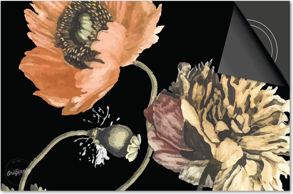 Induktionsschutz 81x52 - abdeckplatte Induktion matt- Dietrix Kochfeldschutz- Exklusive - Botanical - Verschiedene Blumen auf Schwarz