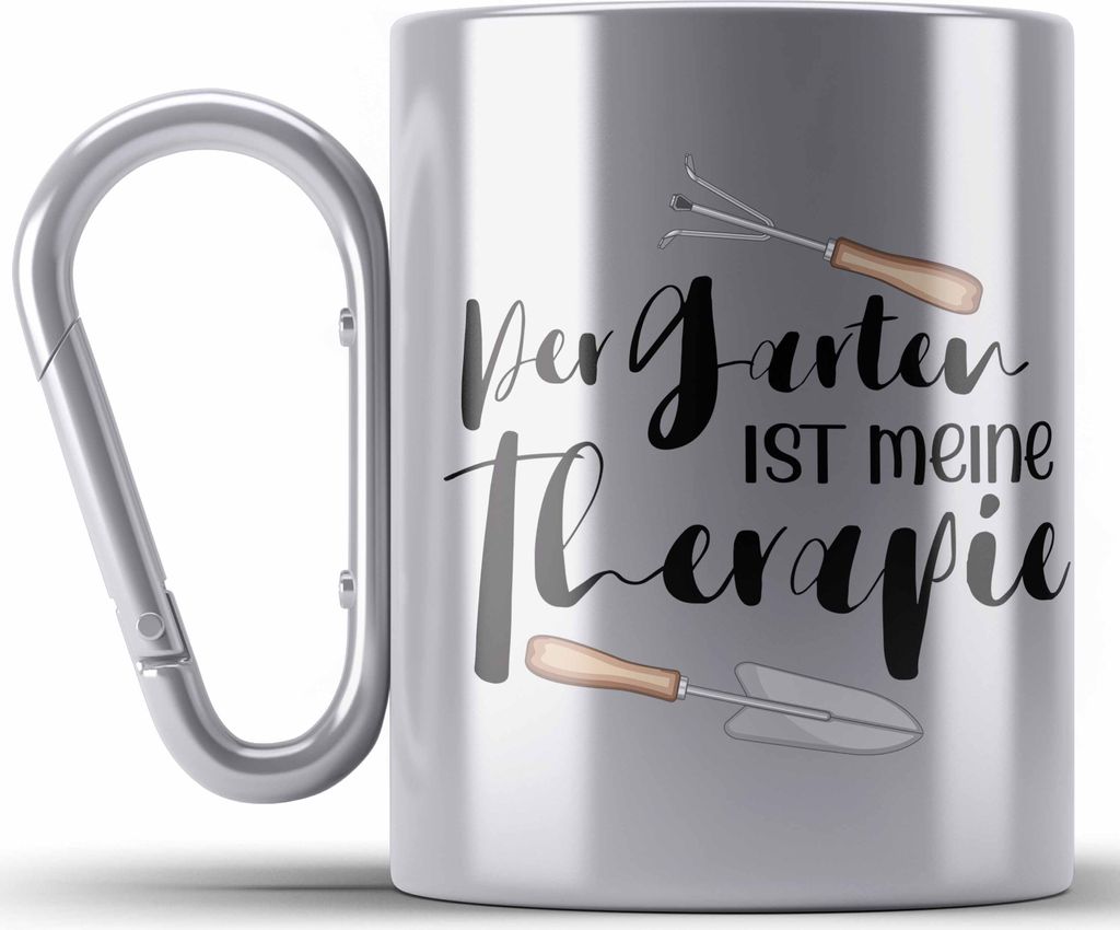 Trendation - Der Garten Ist Mein Therapie Edelstahl Tasse Karabiner für Gärtner Geschenk Mann Frau (Silber)