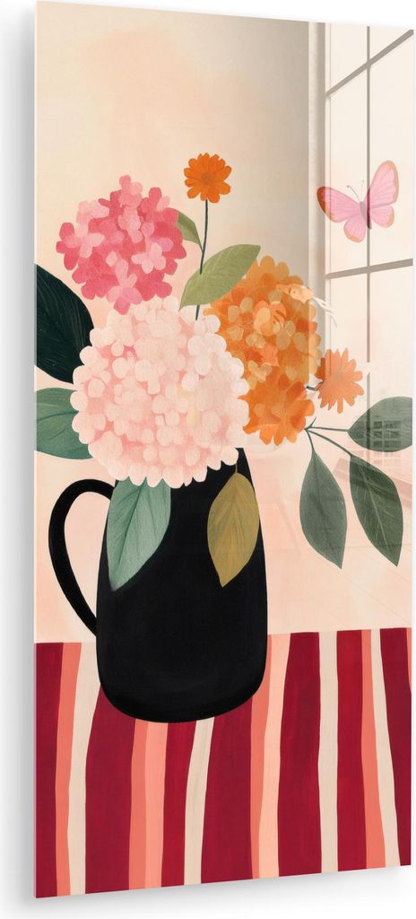 MuchoWow Glasbilder - Bilder auf Wandbild - Foto auf Glas Vase - Blumen - Schmetterling - Rot 40x80 cm Wanddekoration aus Glas - Acrylglasbild - Ac...