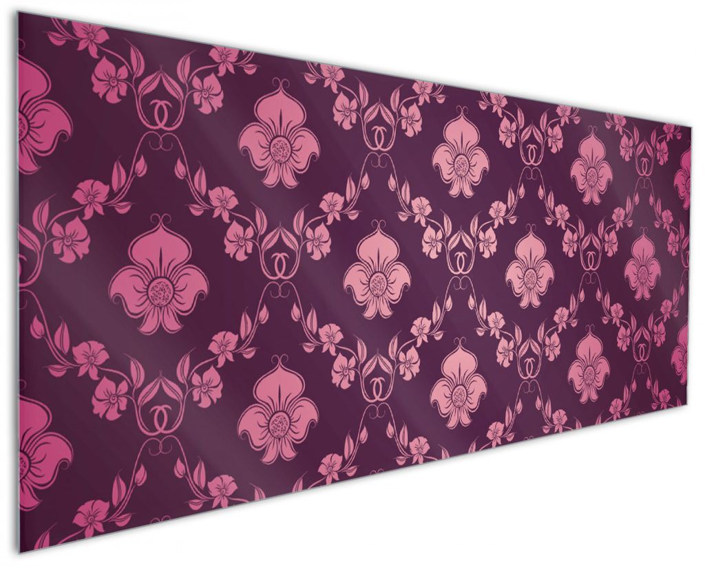 Wallario Küchenrückwand aus Glas, Größe: 125 x 50 cm, Motiv: Blumenmuster Damast in pink lila | Spritzschutz | abwischbar | pflegeleicht | in