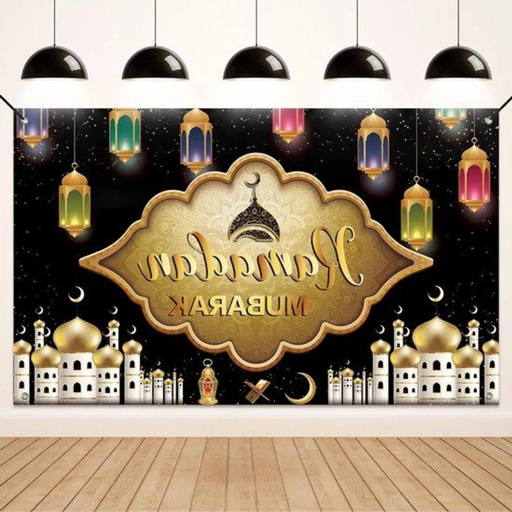 Banderole Ramadan Mubarak Noire et Or 180x110cm pour Déco de Prière