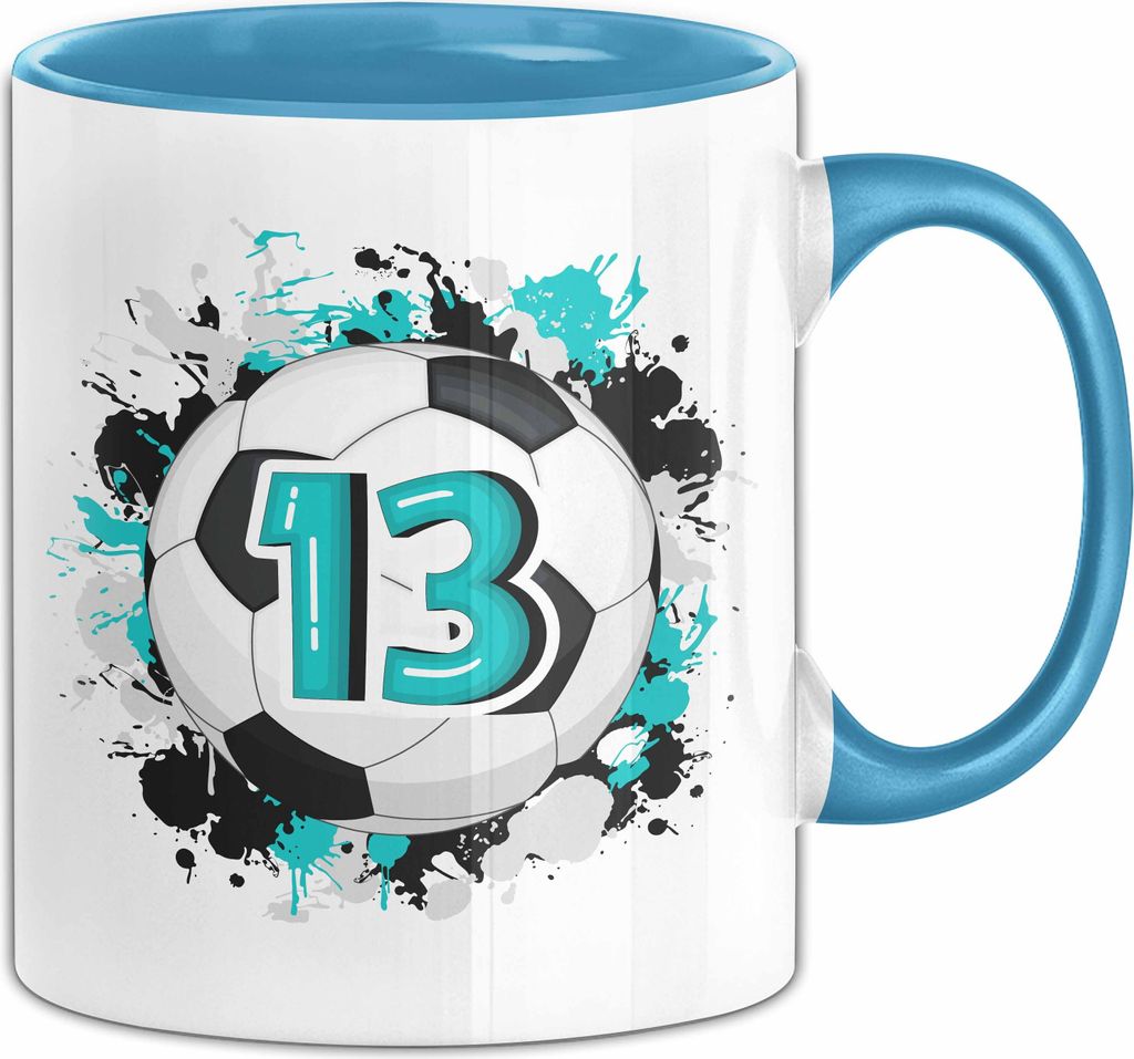 13. Geburtstag Geschenk Tasse Becher Jungs Fußball Geburtstagsgeschenk Teenager (Blau)