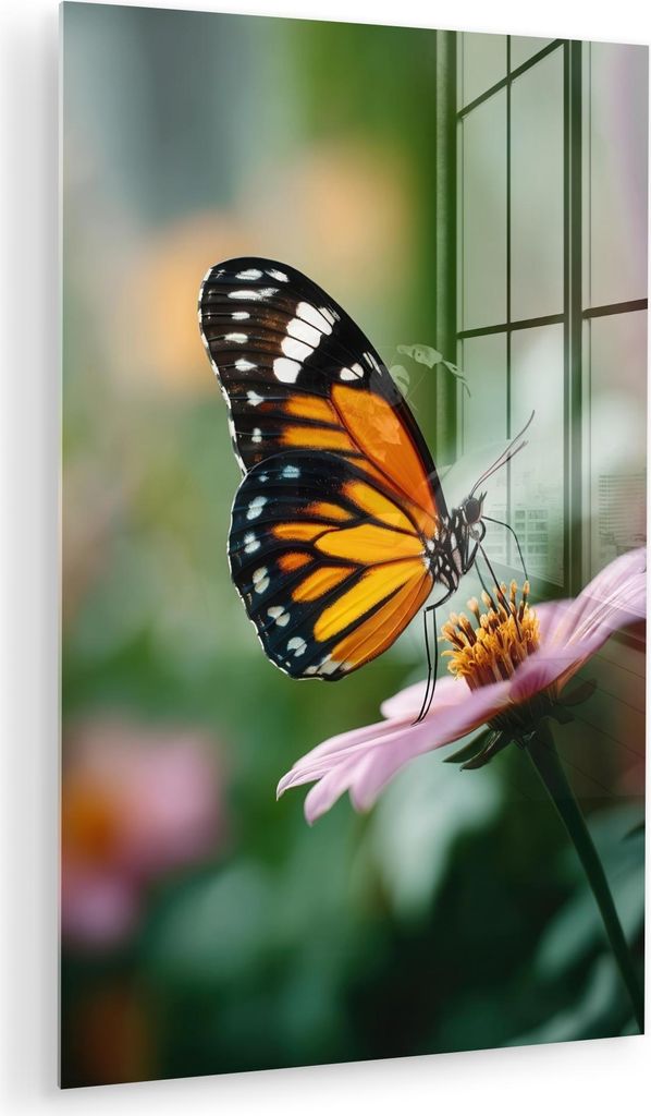 MuchoWow Glasbilder - Bilder auf Wandbild - Foto auf Glas Rosa Blumen - Schmetterling - Weichzeichner 60x90 cm Wanddekoration aus Glas - Acrylglasb...