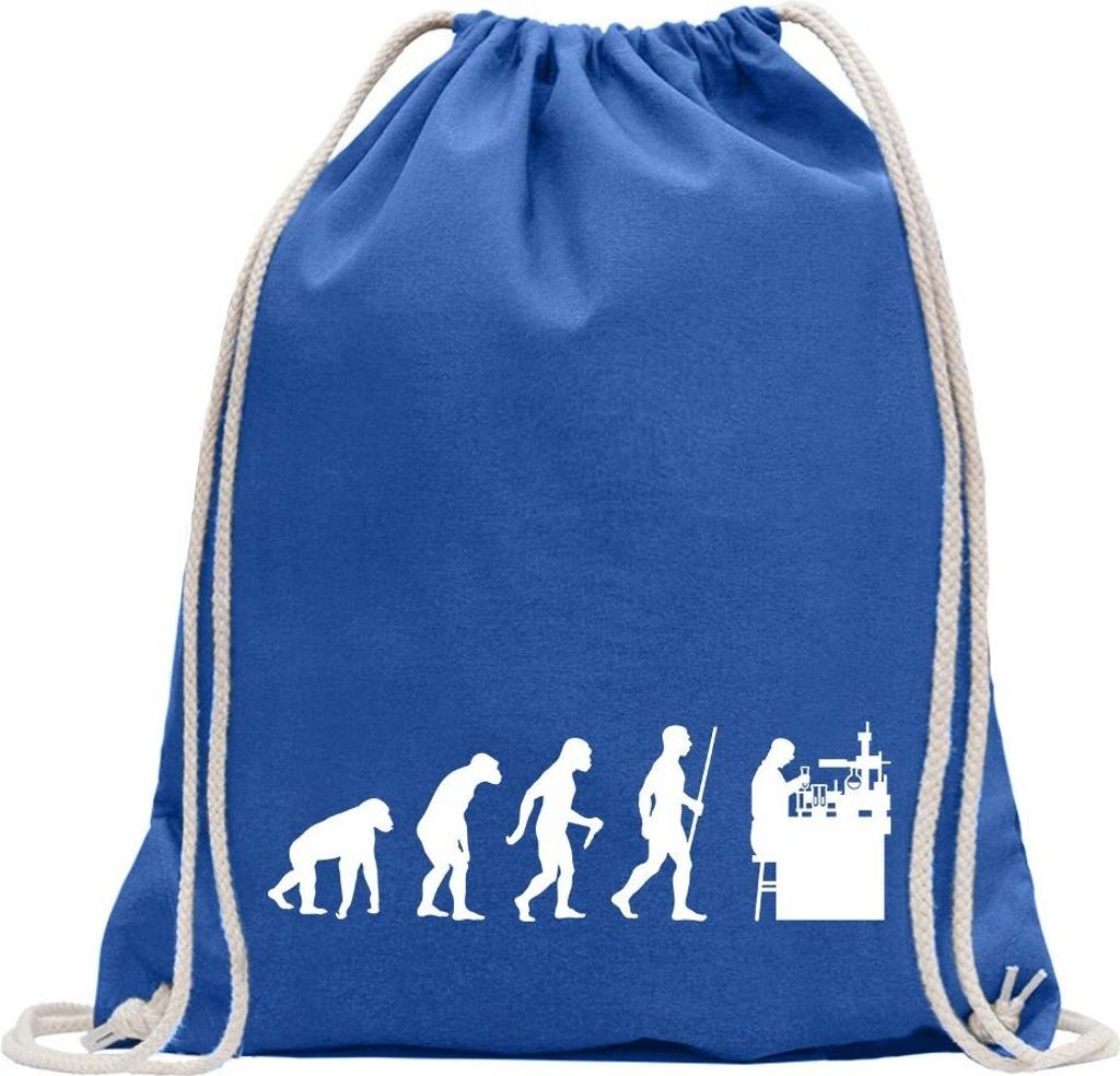 Kiwistar - Turnbeutel - royal - Laborant Labor Evolution - Fun Rucksack Sport Beutel Gymsack Baumwolle mit Ziehgurt