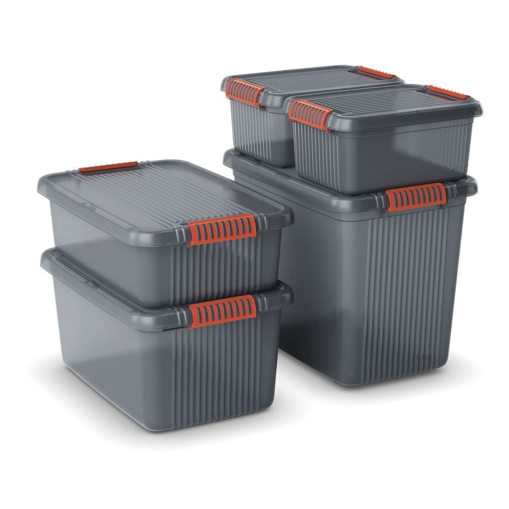 A set of gray storage boxes with orange handles are neatly stacked and arranged against a white background.