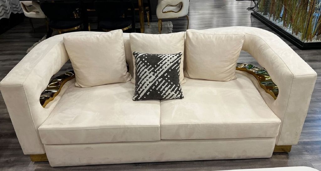 Casa Padrino Luxus 2er Sofa Creme / Gold 205 x 100 x H. 77 cm - Wohnzimmer Sofa - Hotel Sofa - Wohnzimmer Möbel - Hotel Möbel - Luxus Möbel - Lu...