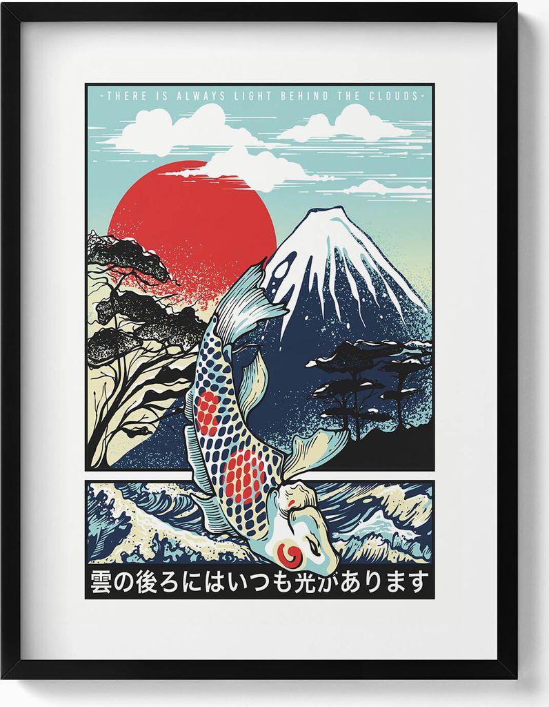 Japanische Illustration des Berges Fuji und Koi-Fische– Wandbild mit Rahmen – Gerahmtes Bild – Wanddekoration – 60x80 cm – Schwarz Rahmen