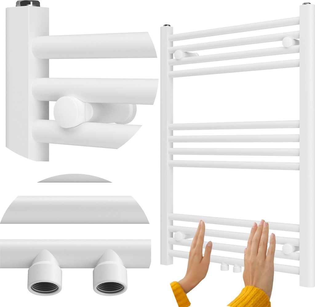 A white towel radiator is shown with a close-up of its mounting bracket and a person's hands touching the radiator.