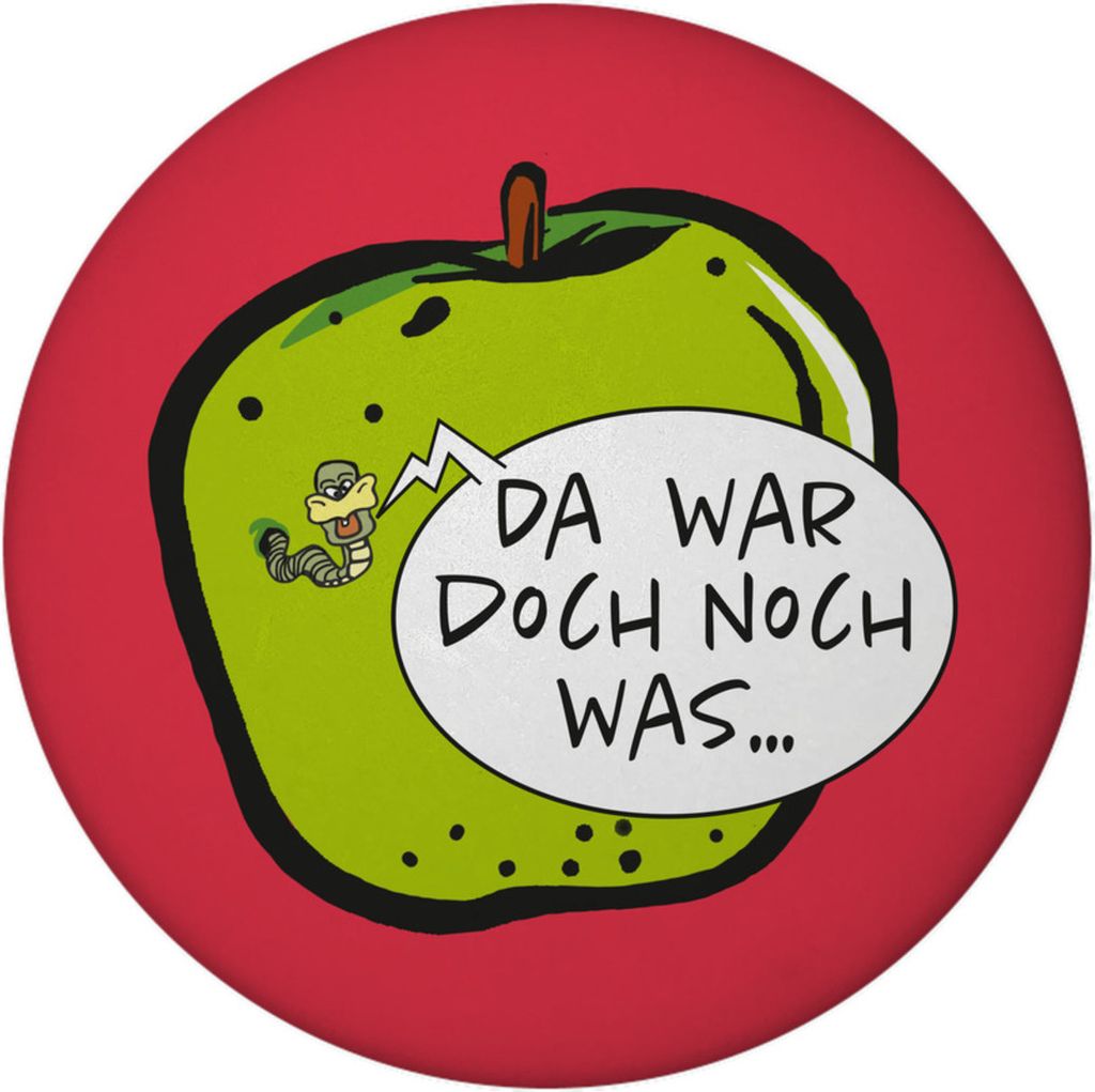 Wurm im Apfel Notizzettel Magnet rund mit rotem Hintergrund