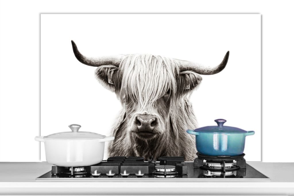 KitchenYeah Spritzschutz Küche - Küchenrückwand - Wandschutz für Herd und Spüle - Schottisches Hochlandrind - Kuh - Schwarz - Weiß 100x65 ...