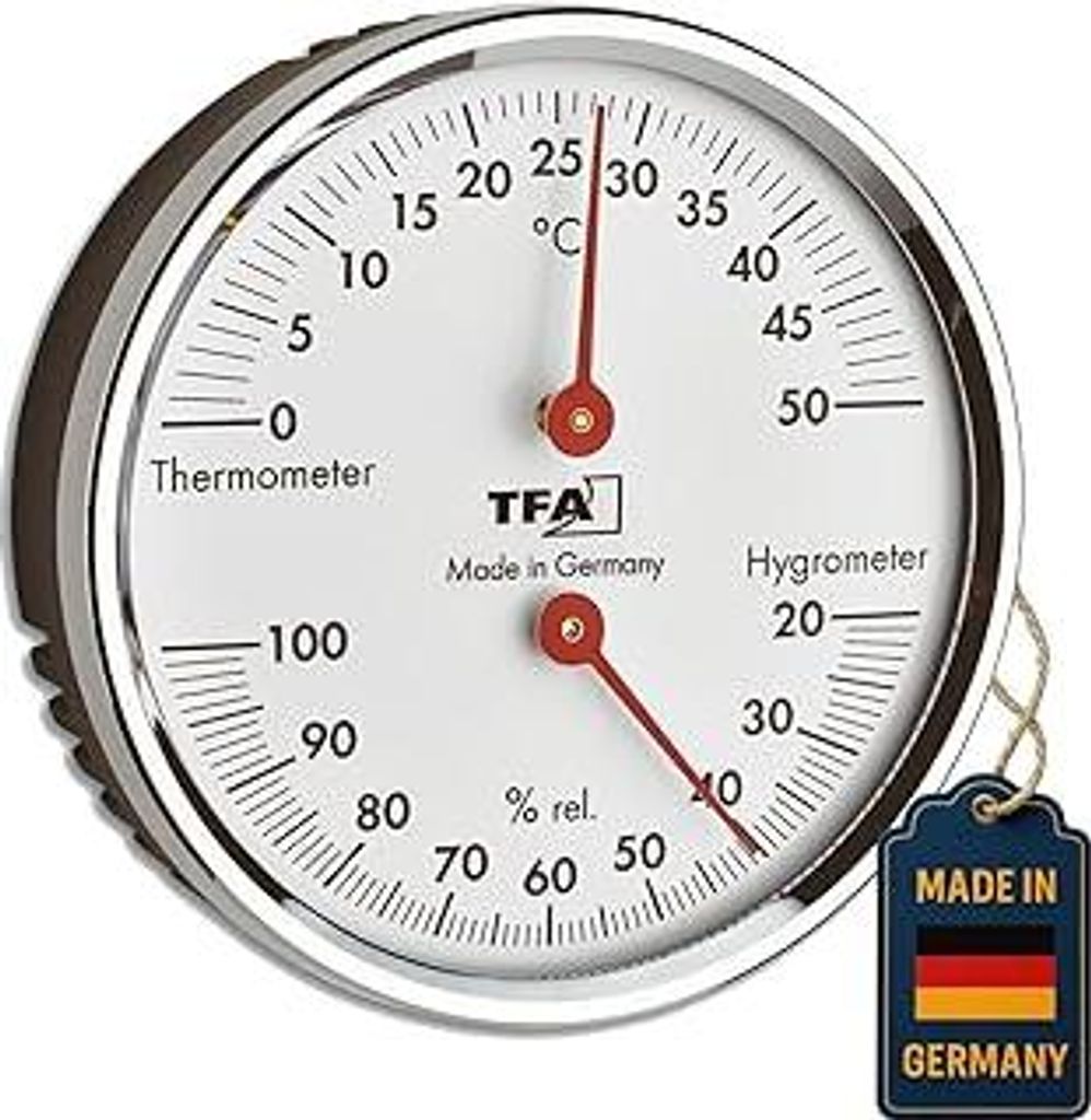 TFA Dostmann Analoges Thermo-Hygrometer, 45.2041.42, mit Metallring, zur Kontrolle von Temperatur und Luftfeuchtigkeit, silber