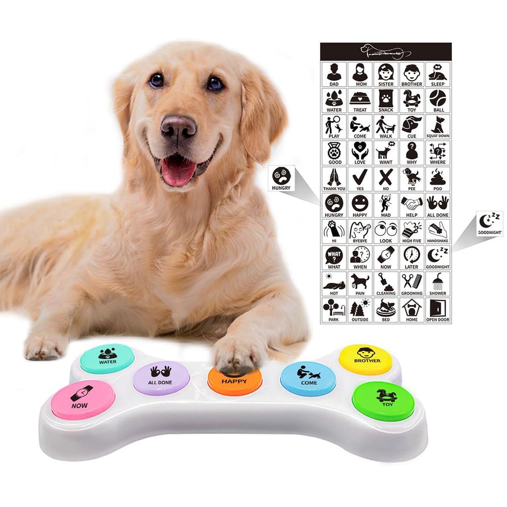 7-in-1 Sprechknopf-Set für Hunde – mit 50 Stickern & Aufnahmefunktion, sprechende Haustierknöpfe zum Training & Kommunikation, Weiß