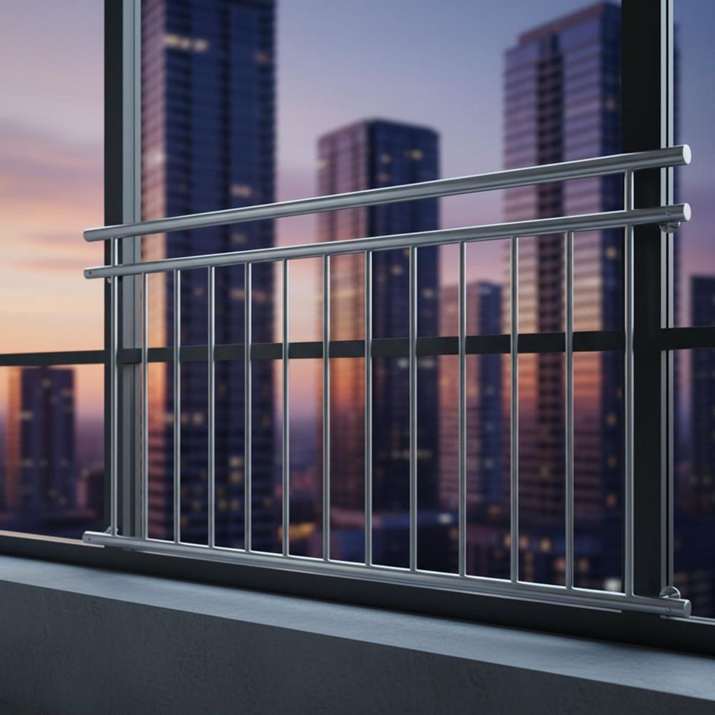 A balcony railing in front of a blurred cityscape at dusk.