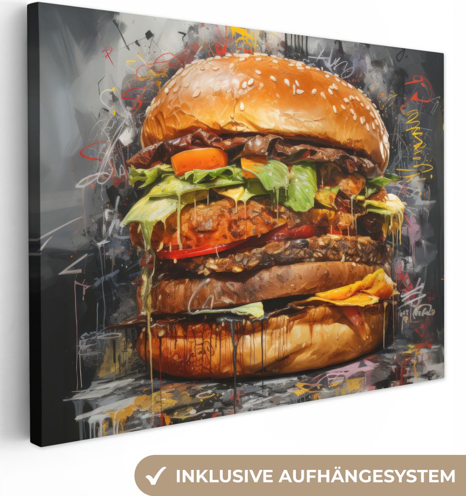 Leinwandbilder 40x30 cm - Graffiti - Burger - Essen - Kunst - Grau - Graffiti, Bilder Wohnzimmer Modern, Wanddeko