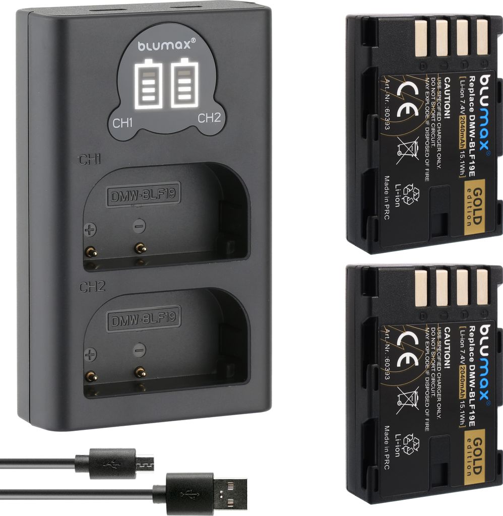 2x Akku + LCD Lader für Panasonic BLF19E DMC-GH3 GH4 DC-GH5 G9 BLF19 2040 mAh