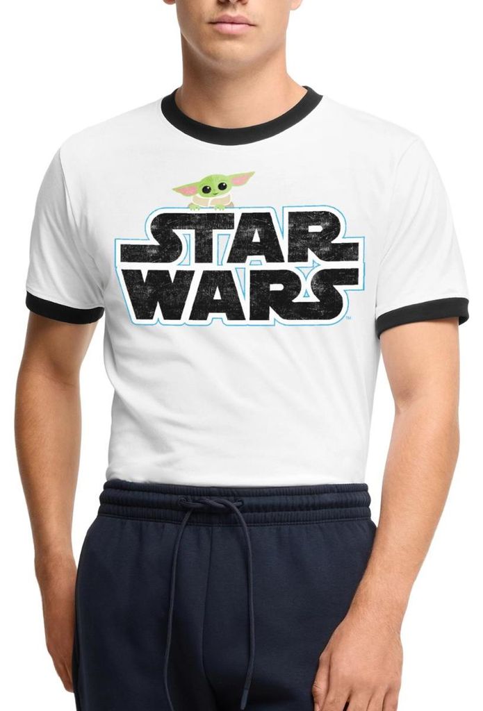 Star Wars: Mandalorian Schriftzug Mit Grogu Männer Kontrast T-Shirt, S, Weiß/Schwarz