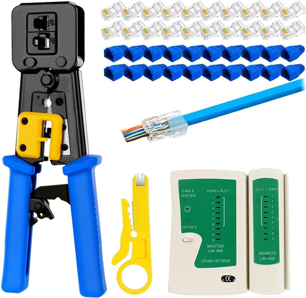 Crimpwerkzeug-Reparaturset, Passage Network Crimper Ethernet-Kabel mit Drahtstecker für Cat5 Cat6 RJ45 RJ11 mit 20 Anschlüssen und 20 Abdeckungen