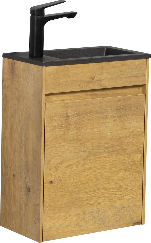 Badplaats Gäste-WC Waschtisch Set Sinta 40 x 22 cm Eiche - Badmöbel Set mit Schwarze Waschbecken und Unterschrank, Vormontiert und mit Soft-Close