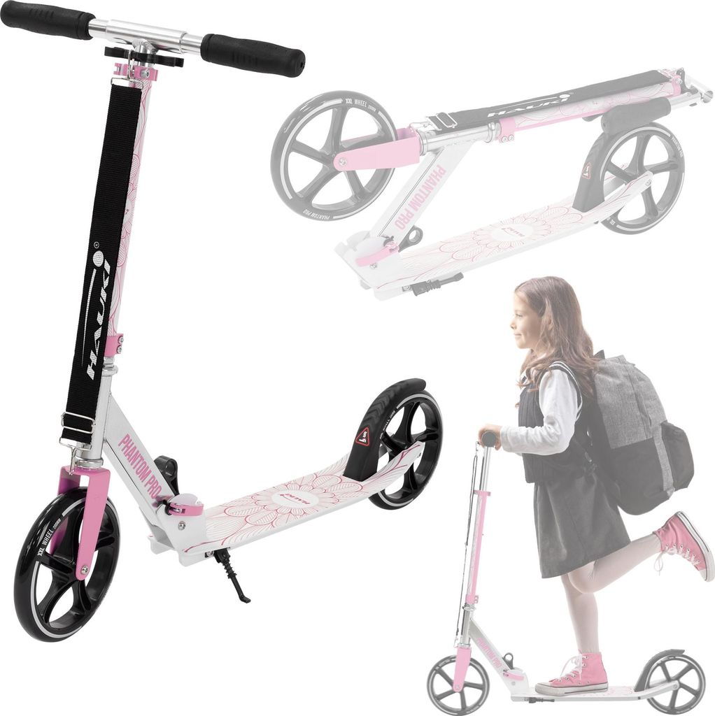 A collage of images showing a pink and white scooter, a folded scooter, and a girl riding a scooter.