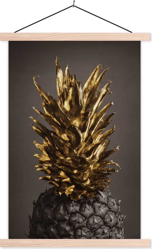 MuchoWow Textilposter Obst - Ananas - Gold 40x60 cm mit holzfarbenen Rahmen - Poster