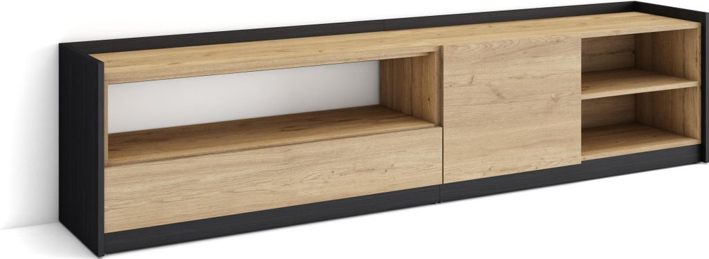 TV-Schrank, Lowboard, 207x37x50cm, Für TV-Geräte bis zu 80", Fernsehtisch, Eiche Schwarz
