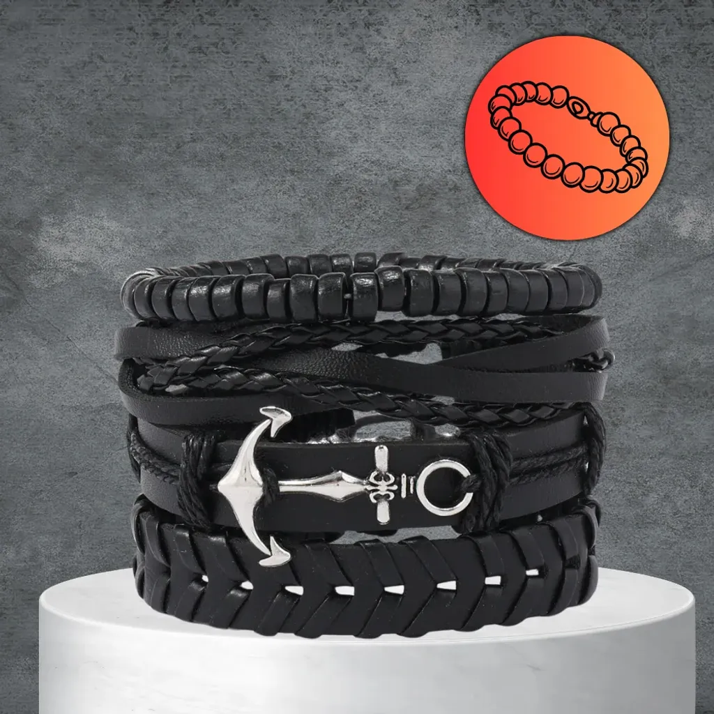 Camerazar Bracciale Uomo Ancora e Pelle Punk | Set 4 Pezzi Nero - 2
