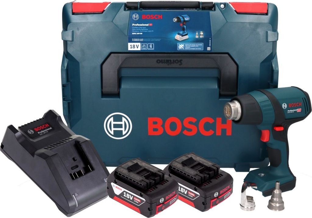 Bosch GHG 18V-50 Professional Akku Heissluftgebläse 18 V 300° C / 500° C + 2x Akku 4,0 Ah + Ladegerät + L-Boxx