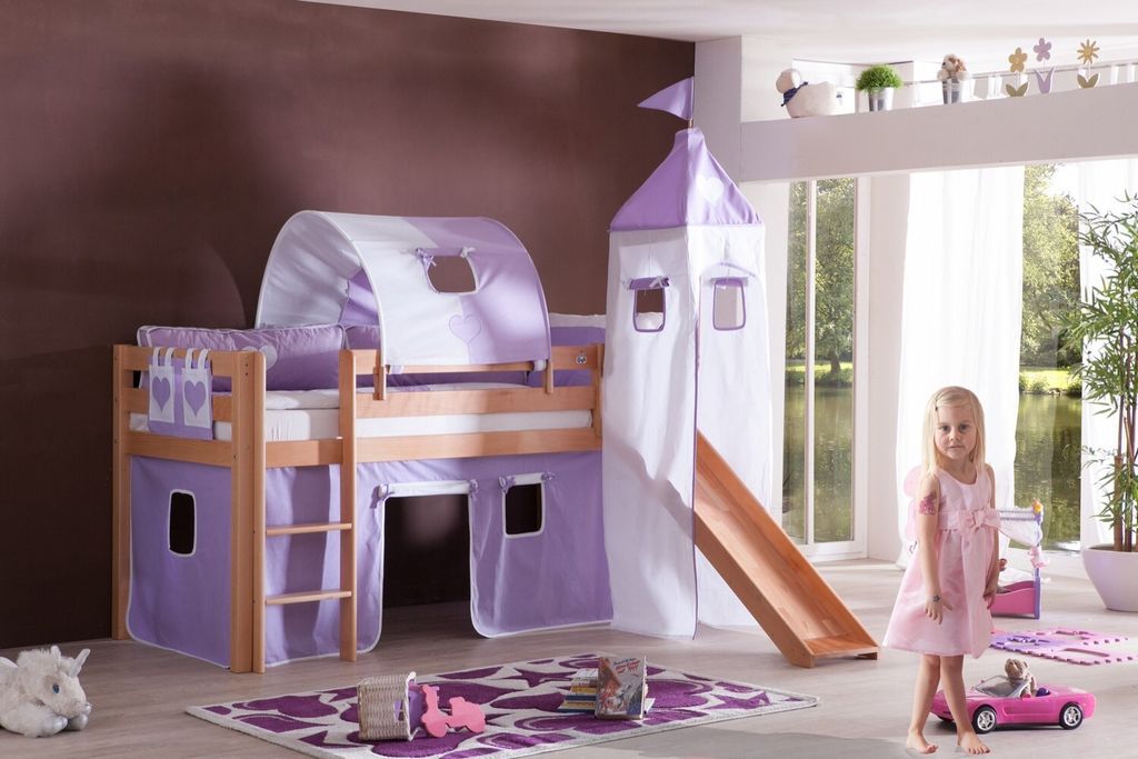 Einzelbett Alex Buche massiv 90x200 cm Natur lackiert mit Stoff-Set und Rutsche