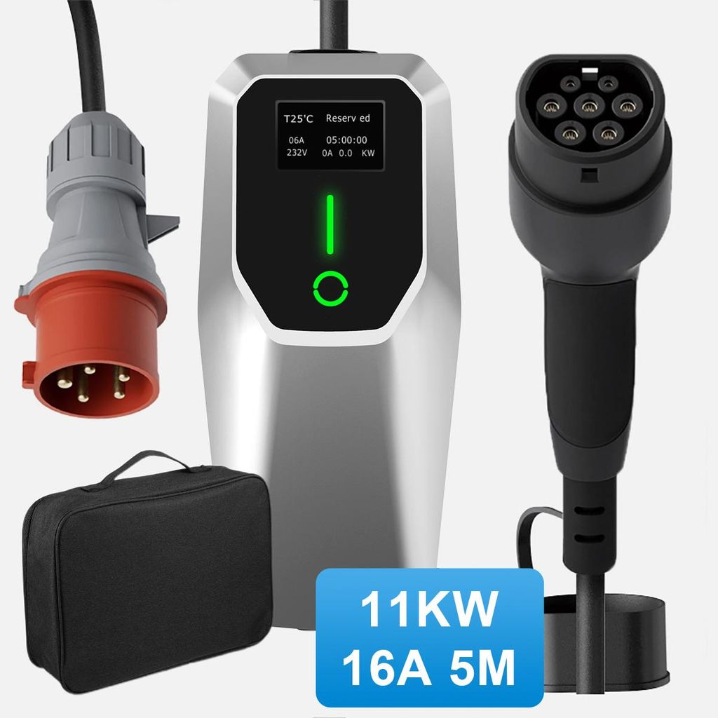 Mobile Wallbox EV Ladegerät Typ 2 11kW 3 Phase 6-16A 5M Ladekabel E-Auto Ladegerät Mit CEE Stecker & LCD-Bildschirm