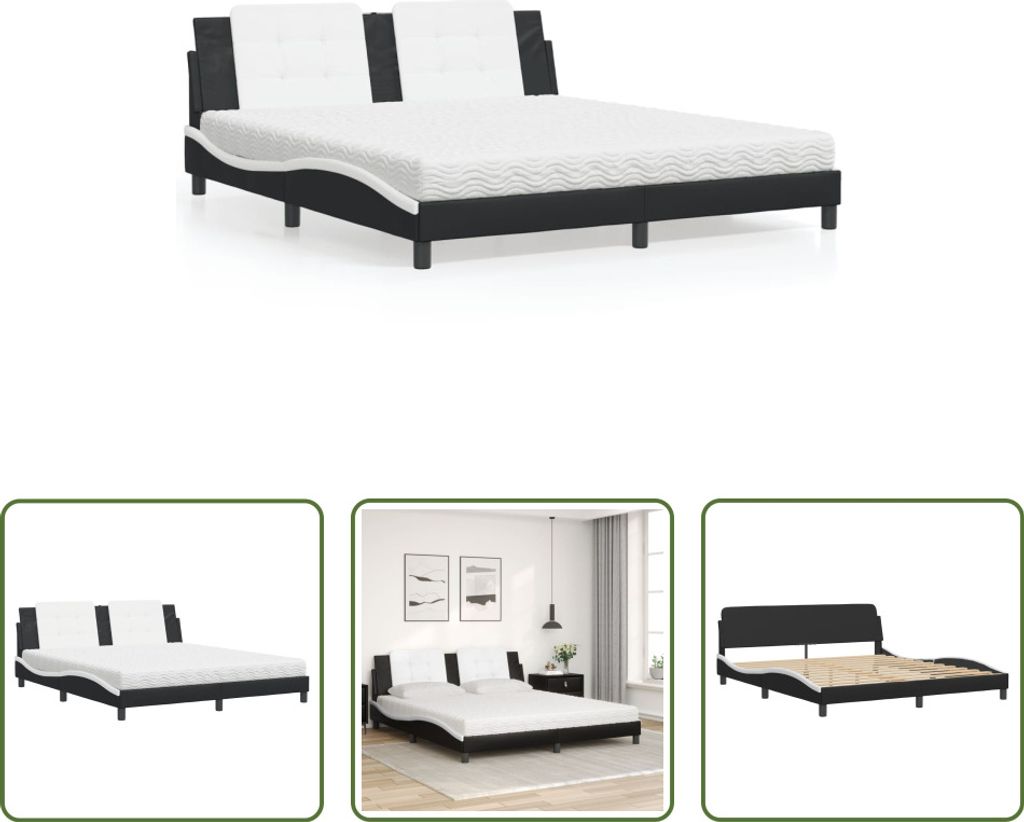 The Living Store Bett mit Matratze Schwarz und Weiß 180x200 cm Kunstleder