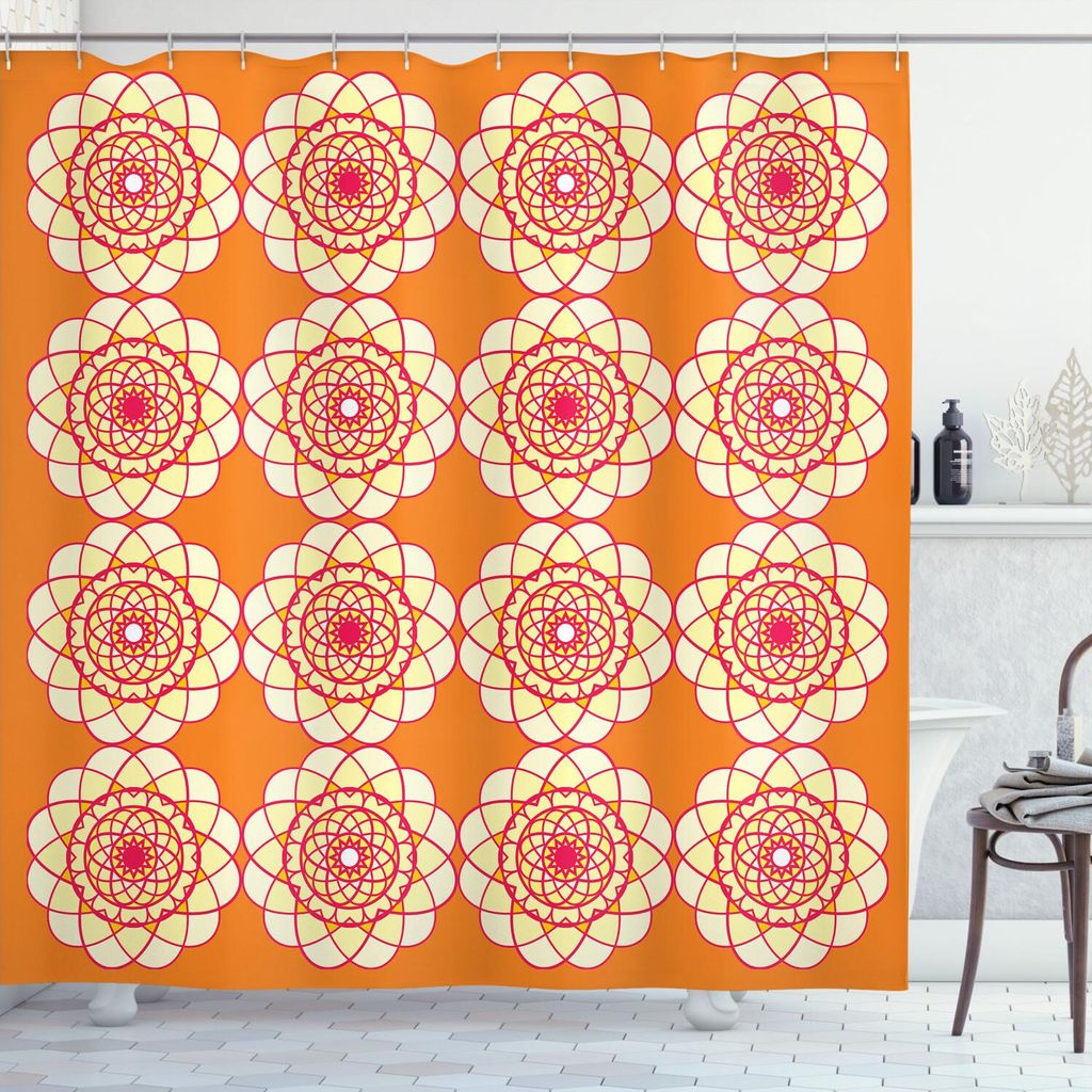 ABAKUHAUS Orange und Rosa Duschvorhang, Spirographic Floral Ornaments Retro-Stil geometrische kurvige Kreise, 175 x 180 cm, Orange Elfenbein und Rosa