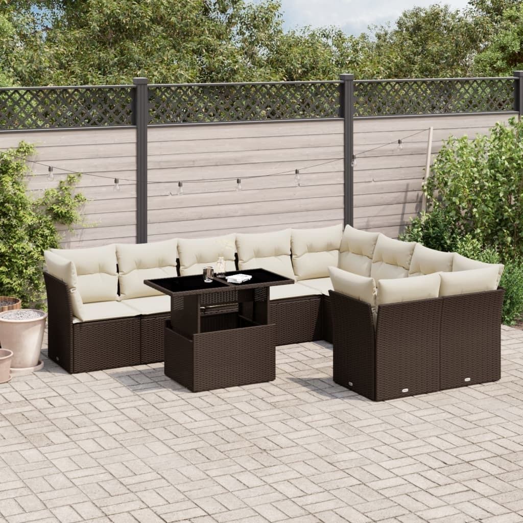 Schlichtes 10-tlg. Garten-Sofagarnitur mit Kissen Braun Poly Rattan Gartenmöbel-Sets Terrassen-Essgruppe DE3834