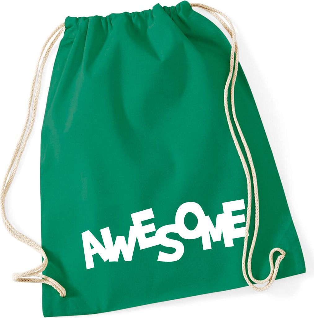 Huuraa Turnbeutel Awesome Schriftzug 12 Liter Kelly Green Baumwolle Rucksack Geschenkidee