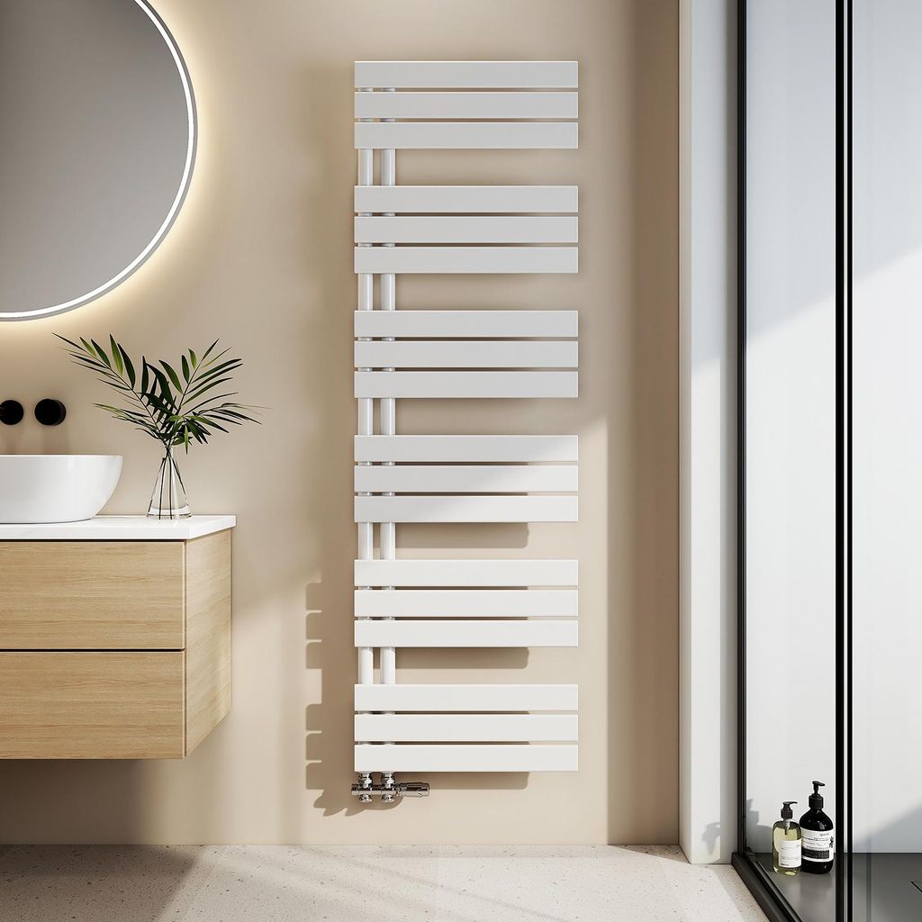 A modern bathroom setting with a white towel radiator, a wooden vanity, and a round mirror.