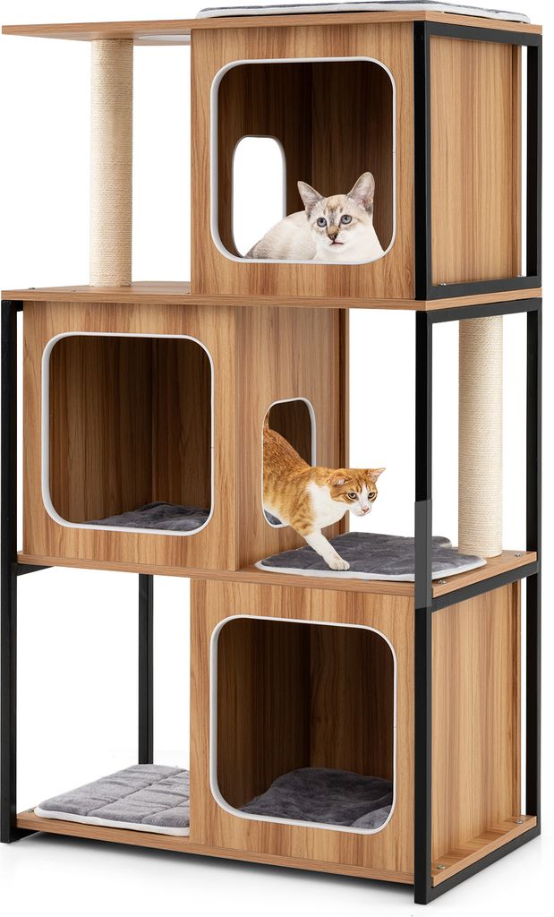 A multi-level cat tree with scratching posts and enclosed cubbies, featuring two cats.
