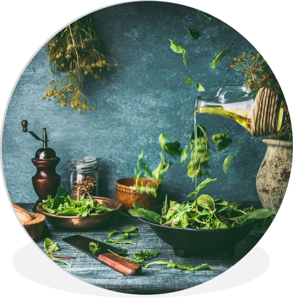 MuchoWow Rundes Wandbild - Runde Bilder Grüner Salat mit Olivenöl auf dem Küchentisch Ø 60 cm Kreis Wanddekoration Kunststoff - Wandkreis - W...